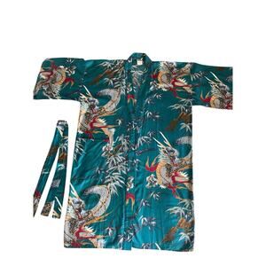 Vintage Japanese Kimono Dragon Tiger Painted 100% Cotton Teal Authentic